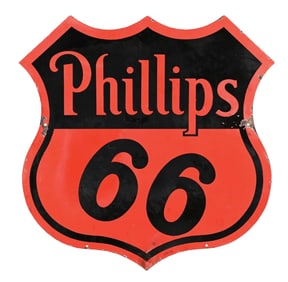PHILLIPS 66 GASOLINE PORCELAIN SHIELD SIGN.