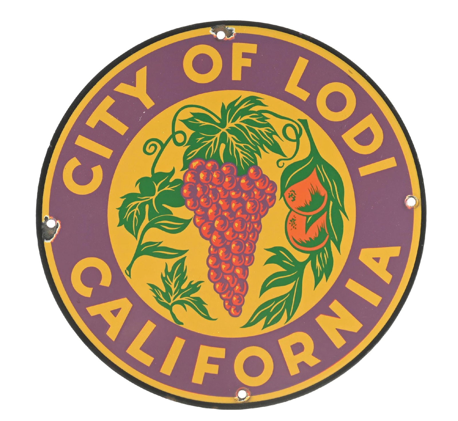 CITY OF LODI CALIFORNIA PORCELAIN MUNICIPAL SIGN.: SSP. c. 1950s. CONDITION: Sign shows outstanding color and gloss with a vibrant grape and orange fruit graphic at center. Field remains exceptionally clean with strong lettering and no notable wear. M