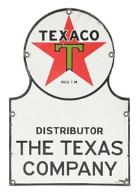 TEXACO DISTRIBUTOR THE TEXAS COMPANY PORCELAIN KEY HOLE SIGN.
