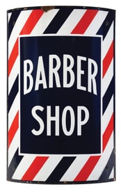 BARBER SHOP CURVED PORCELAIN SIGN W/ ORIGINAL IRON BRACKET.