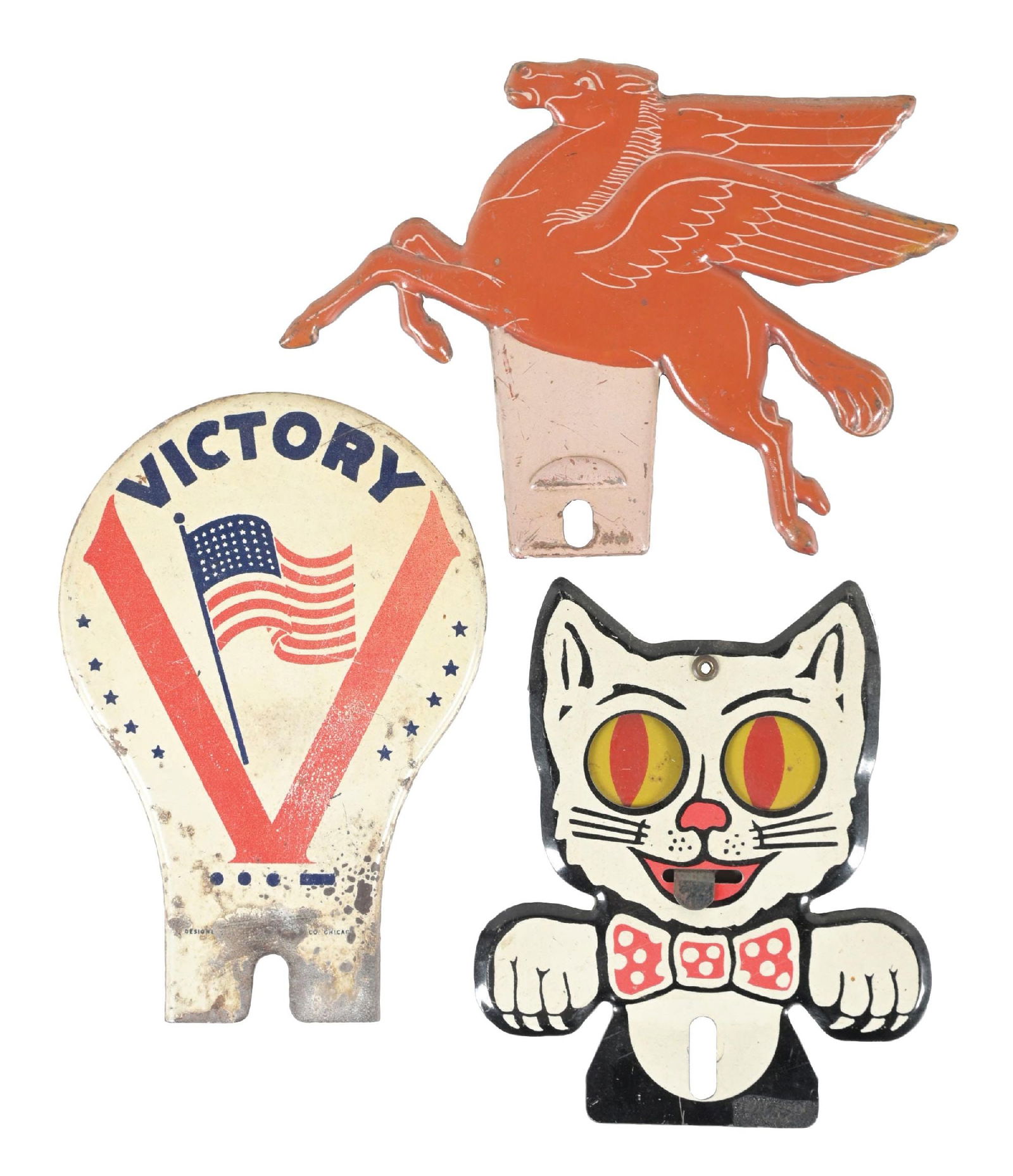 COLLECTION OF 3: EMBOSSED TIN LICENSE PLATE TOPPERS. (1 of 2)