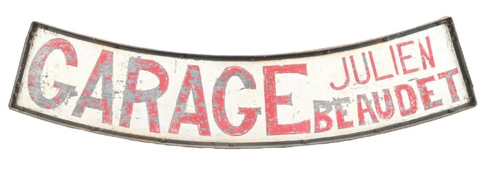 JULIEN BEAUDET GARAGE HAND PAINTED TIN SIGN W/ METAL FRAME.
