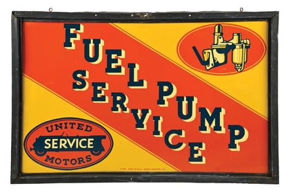 UNITED MOTORS FUEL PUMP SERVICE TIN SIGN W/ ORIGINAL FRAME.