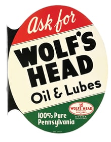 ASK FOR WOLF'S HEAD OIL & LUBES N.O.S. TIN FLANGE SIGN.