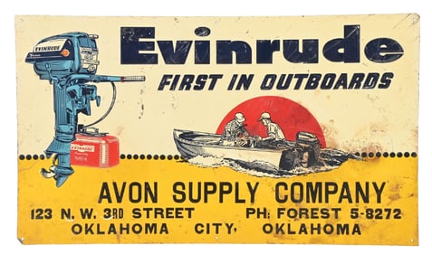 EVINRUDE FIRST IN OUTBOARDS EMBOSSED TIN SIGN W/ BOAT & MOTOR GRAPHIC.