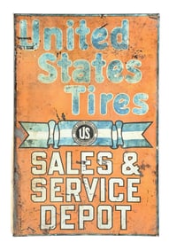 UNITED STATES TIRES SALES & SERVICE DEPOT TIN FLANGE SIGN.