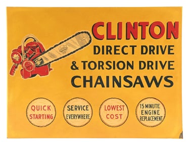CLINTON DIRECT DRIVE & TORSION DRIVE CHAINSAWS TIN FLANGE SIGN.