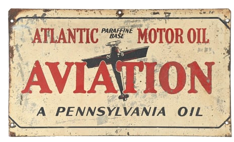 RARE ATLANTIC AVIATION MOTOR OIL TIN OIL CAN RACK SIGN.