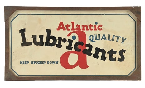 ATLANTIC QUALITY LUBRICANTS TIN CAN RACK SIGN W/ METAL FRAME.