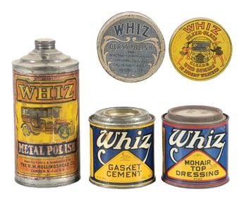 COLLECTION OF 5: WHIZ AUTOMOTIVE CANS.