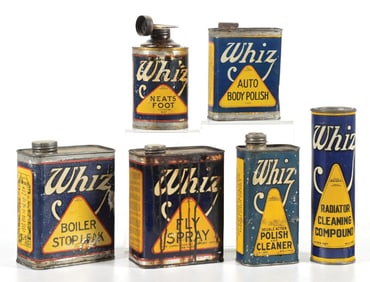 COLLECTION OF 6: WHIZ AUTOMOTIVE SUPPLY CANS.