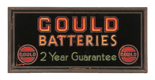 GOULD BATTERIES PAINTED GLASS STORE DISPLAY LIGHT UP SIGN.