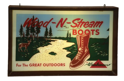 WOOD-N-STREAM OUTDOOR BOOTS REVERSE PAINTED GLASS STORE DISPLAY.