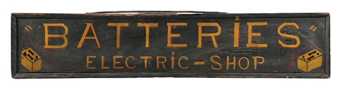 BATTERIES & ELECTRIC SHOP HAND PAINTED WOOD SIGN W/ BATTERY GRAPHIC.