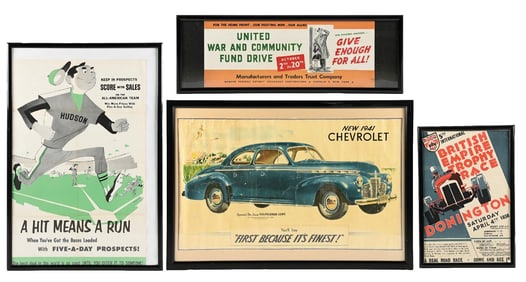 COLLECTION OF 4: FRAMED POSTERS FROM HUDSON, CHEVROLET, M&T TRUST CO., BRITISH TROPHY RACING.