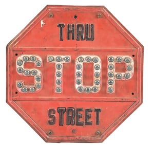 STOP THRU STREET ROAD SIGN W/ GLASS REFLECTORS.