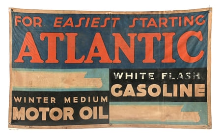 ATLANTIC WHITE FLASH GASOLINE & WINTER MOTOR OIL CLOTH SERVICE STATION BANNER.