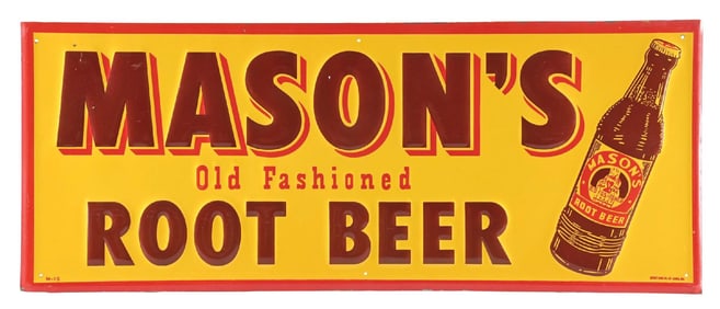 MASON'S ROOT BEER EMBOSSED TIN SIGN N.O.S. W/ ORIGINAL PACKING PAPER.