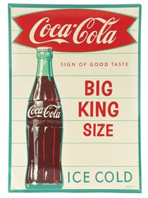 COCA COLA BIG KING SIZE TIN SIGN W/ BOTTLE GRAPHIC.