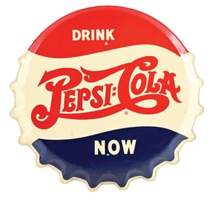 DRINK PEPSI COLA NOW EMBOSSED TIN BOTTLE CAP SIGN.