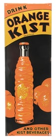 DRINK ORANGE KIST EMBOSSED TIN SIGN W/ BOTTLE GRAPHIC.