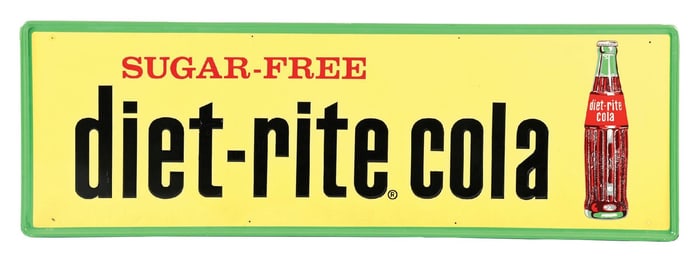 DIET RITE COLA EMBOSSED TIN SIGN W/ BOTTLE GRAPHIC.