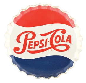 PESI COLA EMBOSSED TIN BOTTLE CAP SIGN.