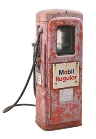 MARTIN & SCHWARTZ ORIGINAL GAS PUMP WITH MOBIL REGULAR GASOLINE PORCELAIN PUMP PLATE.