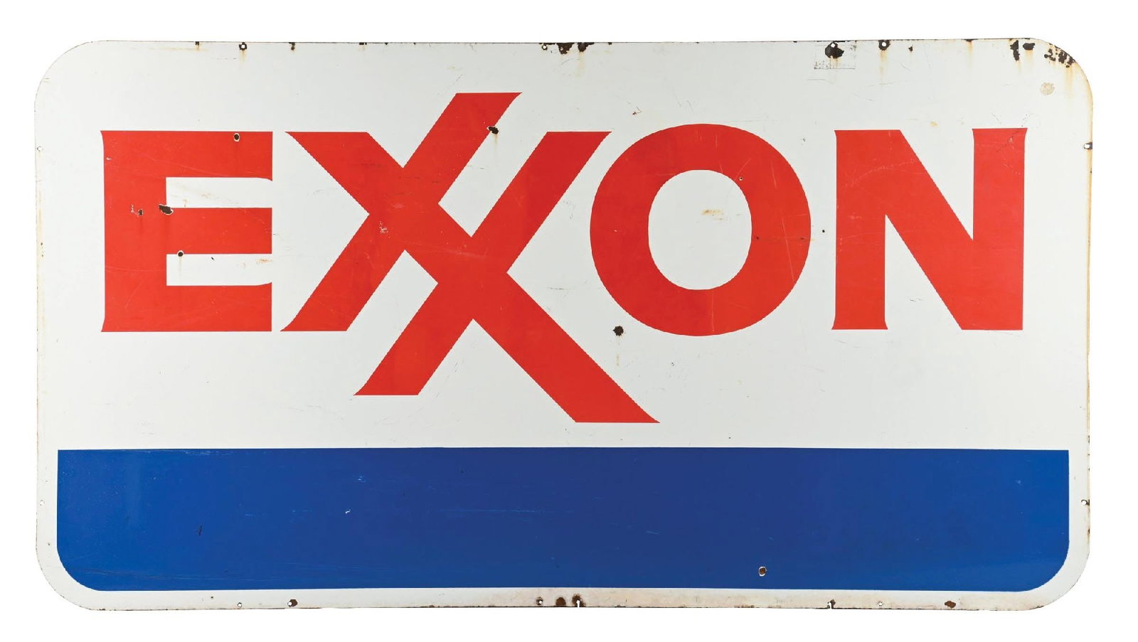 EXXON GASOLINE PORCELAIN SERVICE STATION SIGN.: DSP. Maker Marked SP, dated 1972. CONDITION: Sign shows bright color and gloss throughout each side with each side showing moderate areas of light chipping with heavier areas of surface scratching. Si