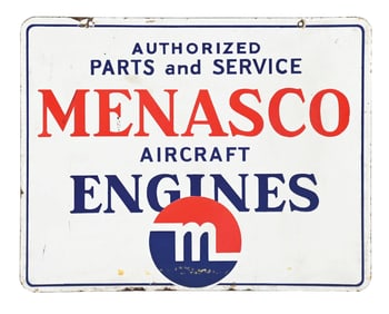 MENASCO AIRCRAFT ENGINES AUTHORIZED PARTS & SERVICE PORCELAIN SIGN.
