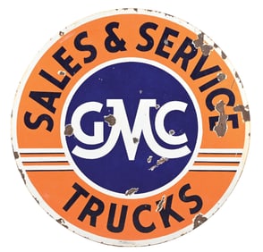 GMC TRUCKS SALES & SERVICE PORCELAIN SIGN.