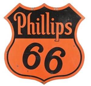 PHILLIPS 66 GASOLINE 48" PORCELAIN SHIELD SIGN.