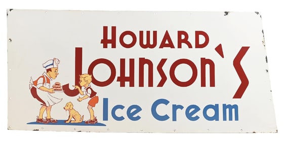 VERY RARE HOWARD JOHNSONS ICE CREAM PORCELAIN SIGN W/ DOG, BOY & BAKER GRAPHIC.