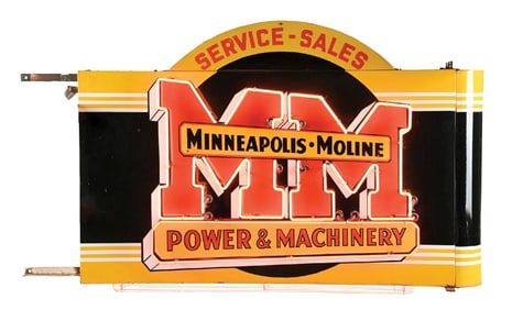 MINNEAPOLIS MOLINE POWER & MACHINERY SALES & SERVICE PORCELAIN NEON SIGN W/ BULL NOSE ATTACHMENT.