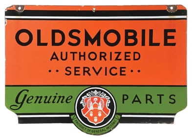 OLDSMOBILE GENUINE PARTS & AUTHORIZED SERVICE PORCELAIN SIGN.
