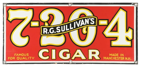 R. G. SULLIVAN'S 7-20-4 CIGAR PORCELAIN SIGN.
