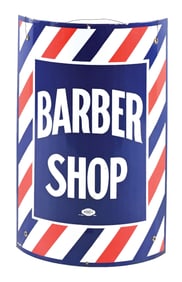 BARBER SHOP CURVED PORCELAIN CORNER SIGN.