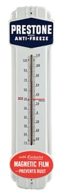 PRESTONE ANTI FREEZE EMBOSSED PORCELAIN THERMOMETER.