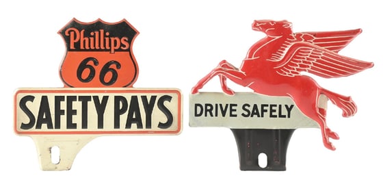 COLLECTION OF 2: PHILLIPS 66 & MOBIL EMBOSSED TIN LICENSE PLATE TOPPERS.