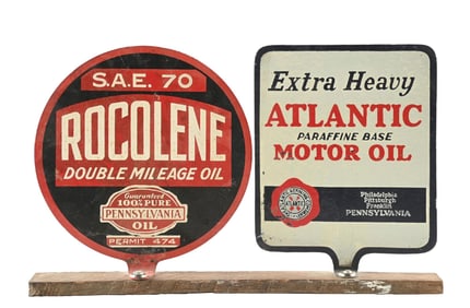 COLLECTION OF 2: ROCOLENE & ATLANTIC MOTOR OIL TIN LUBSTER PADDLES.