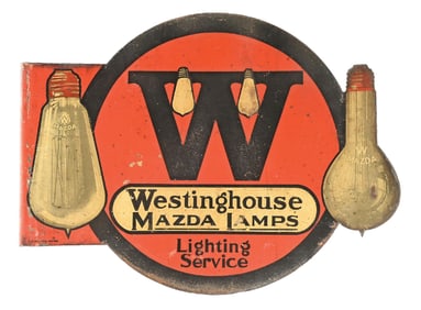 WESTINGHOUSE MAZDA LAMPS LIGHT SERVICE TIN FLANGE SIGN W/ LIGHT BULB GRAPHICS.