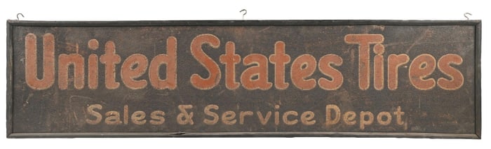UNITED STATES TIRES SALES & SERVICE DEPOT SAND PAINTED TIN SIGN W/ ORIGINAL WOOD FRAME.