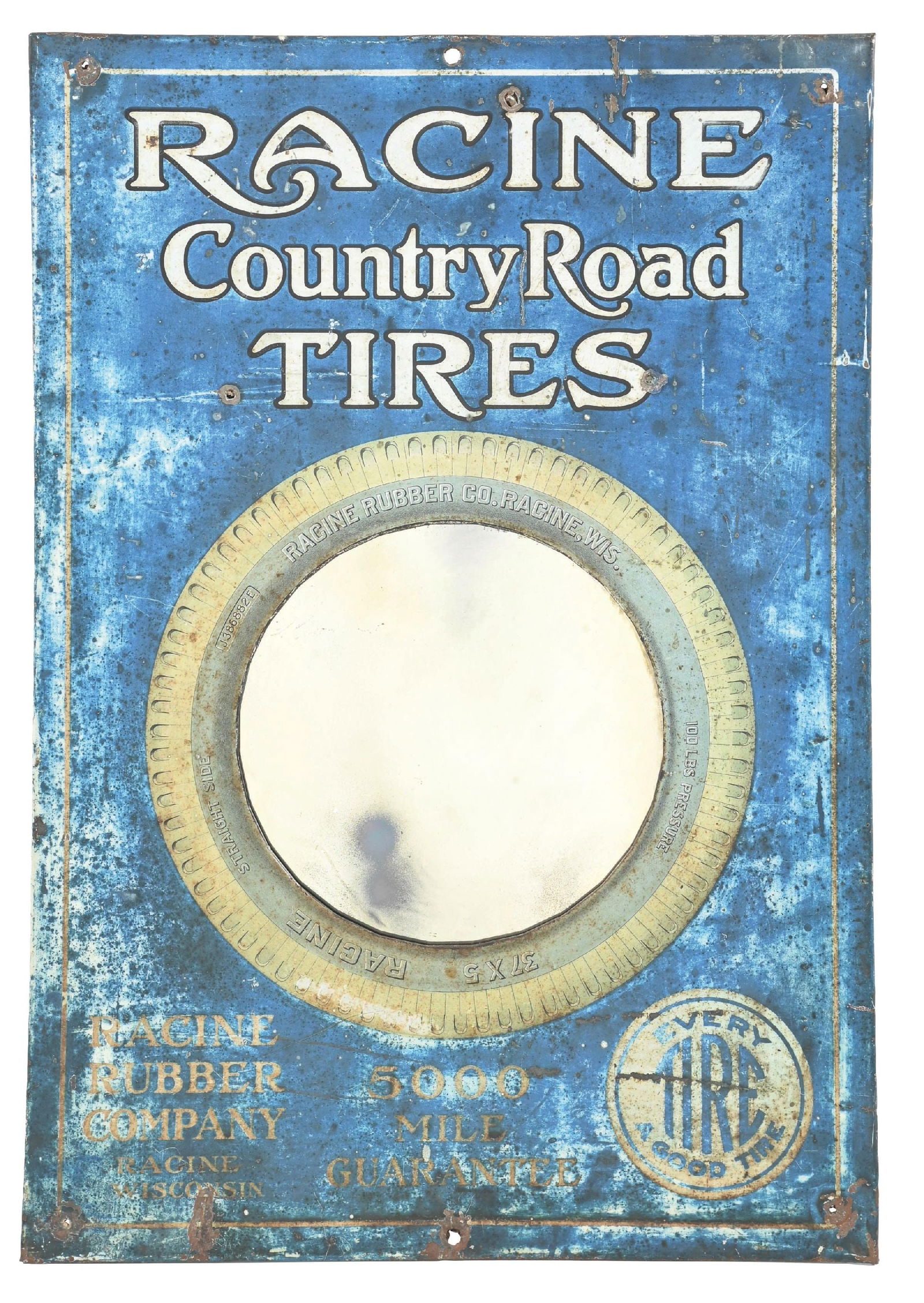 RACINE COUNTRY ROAD TIRES TIN SERVICE STATION MIRROR W/ TIRE GRAPHIC. (1 of 2)