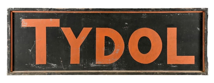 TYDOL SERVICE STATION PAINTED TIN 10' SIGN W/ ORIGINAL WOOD FRAME.