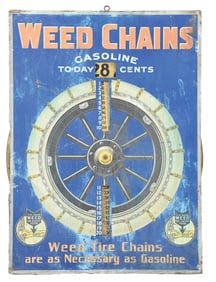 WEED CHAINS TIN SERVICE STATION SIGN W/ PRICER WHEEL.