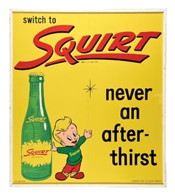 IMPRESSIVE SQUIRT SODA POP TIN BILLBOARD SIGN W/ ORIGINAL WOOD FRAME.