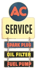 AC SPARK PLUG OIL FILTER & FUEL PUMP SERVICE TIN FLANGE SIGN W/ ATTACHMENT SIGNS.