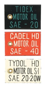 COLLECTION OF 3: TYDOL, TIDEX & CADEL MOTOR OILS PORCELAIN BARREL TAG SIGNS.