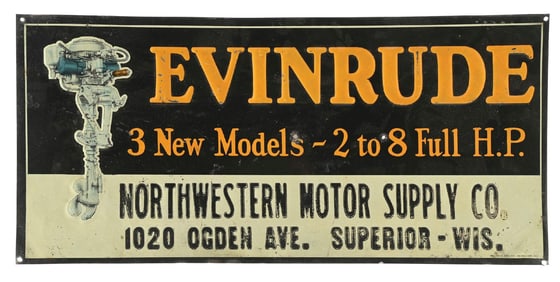 EVINRUDE BOAT MOTORS EMBOSSED TIN SIGN.