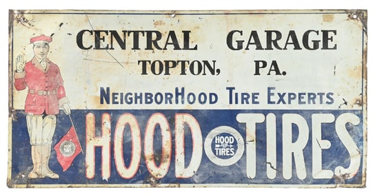 HOOD TIRES TIN SIGN W/ FLAG MAN GRAPHIC.